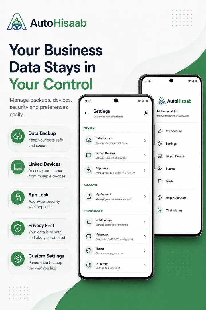 AutoHisaab settings screen showing data backup, linked devices, app lock and privacy controls.